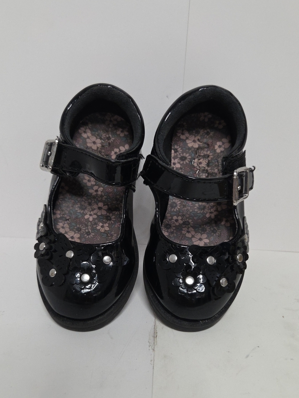 Sugar Black Patent Mary Jane Shoes with Floral Studs